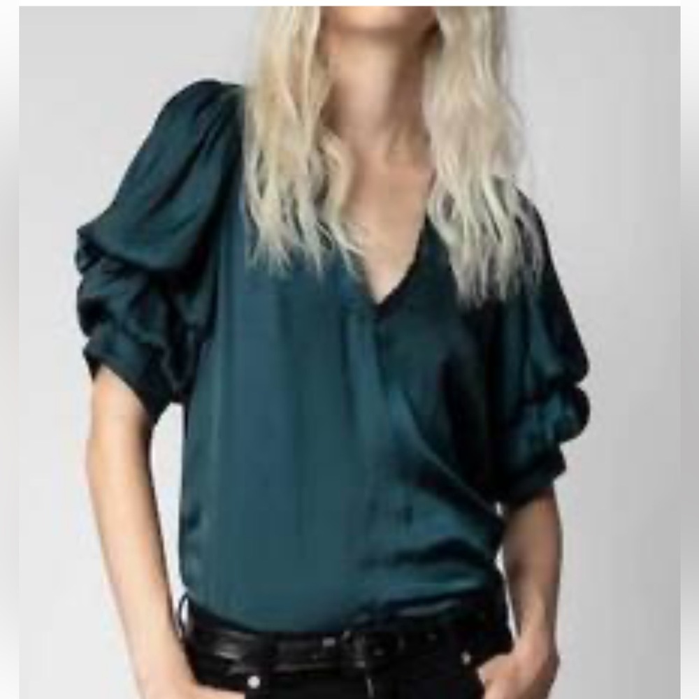 Zadig & Voltaire Taste Tiered Sleeve Satin Top, Peacock Color, Size Small